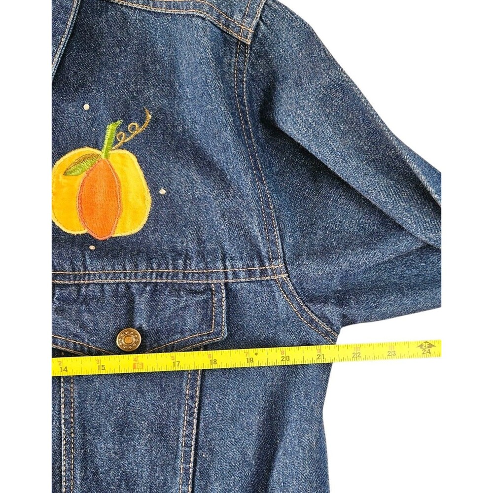Quacker Factory Blue Denim Jacket Size M Fall Pumpkins Scarecrow Sunflowers - Picture 5 of 12